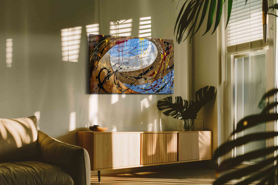 Gilded Skyfire Spiral modern canvas print, on wall, lifestyle preview