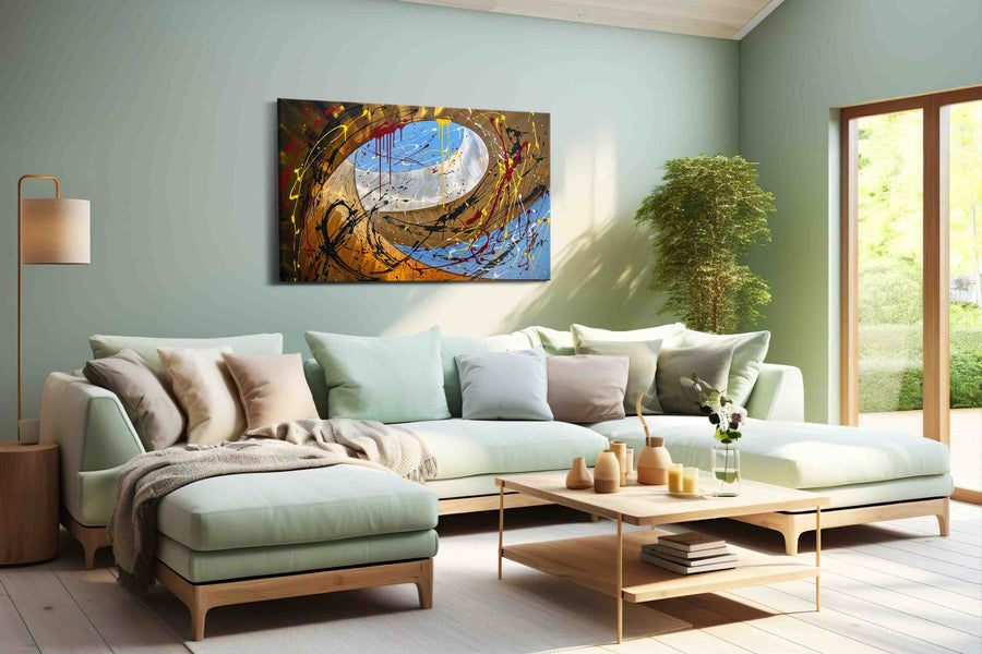 Gilded Skyfire Spiral modern canvas print, hanging on wall