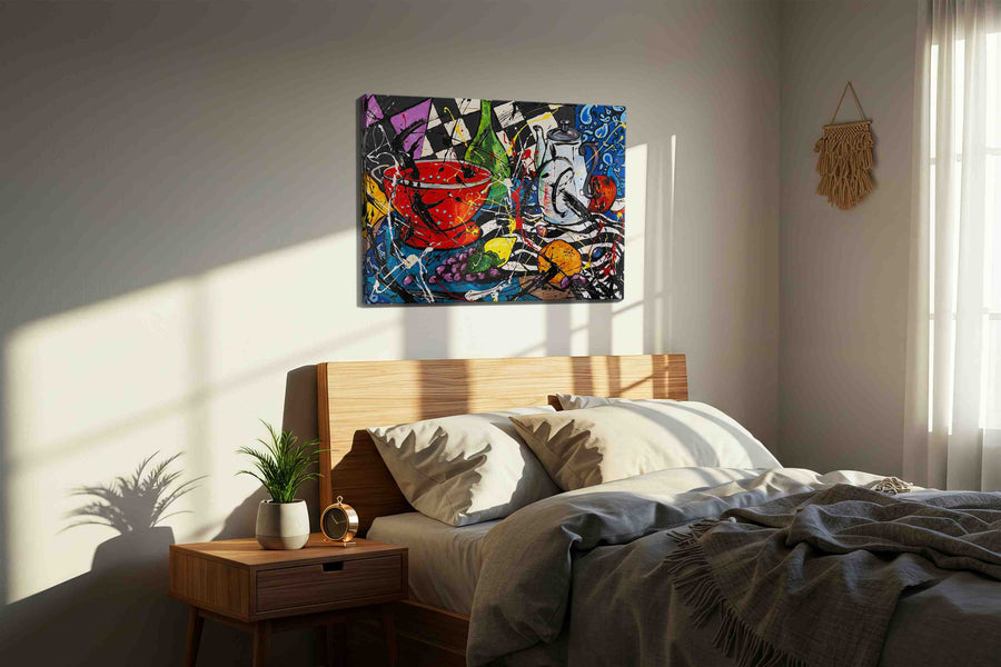 Midnight Feast in Motion modern canvas print, displayed in a bedroom