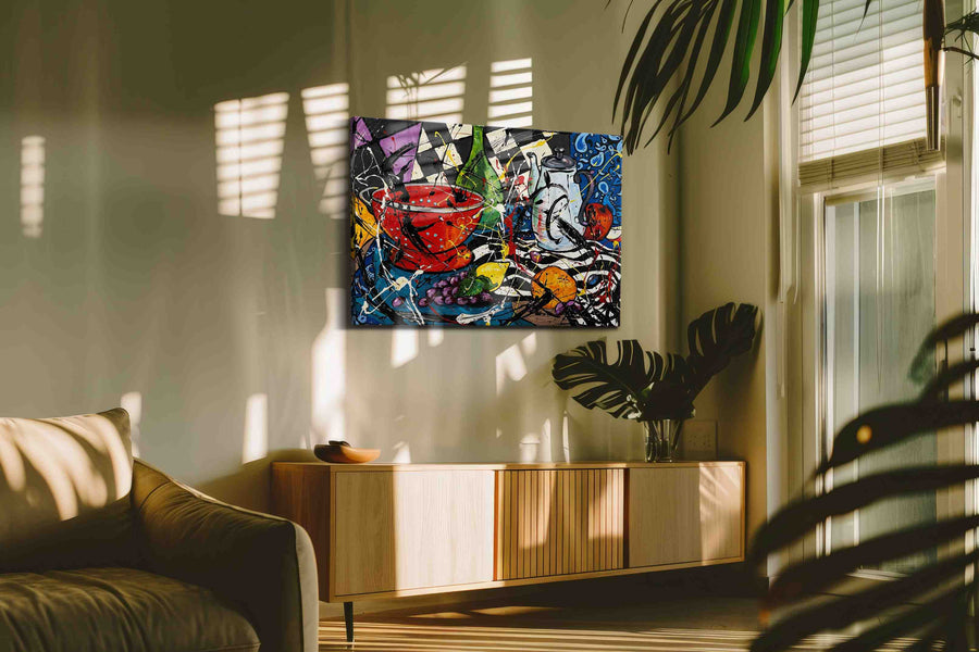 Midnight Feast in Motion modern canvas print in a hung canvas mockup