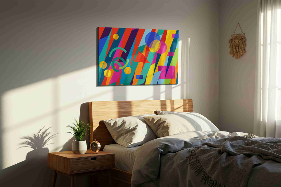 Neon Geometry Cascade modern canvas print, displayed in a bedroom