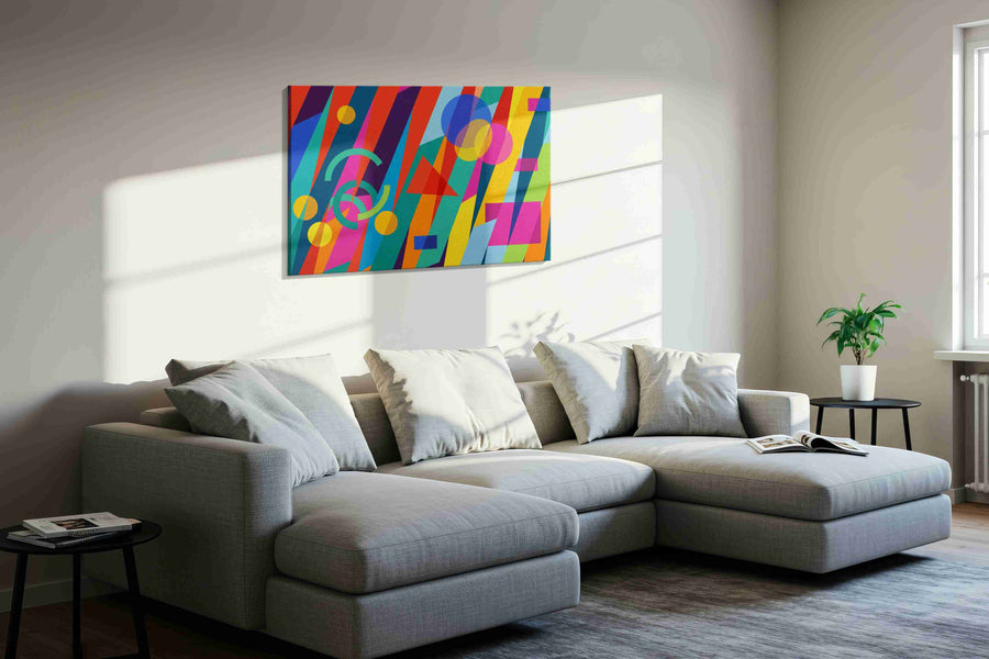 Neon Geometry Cascade modern canvas print in a living room scene