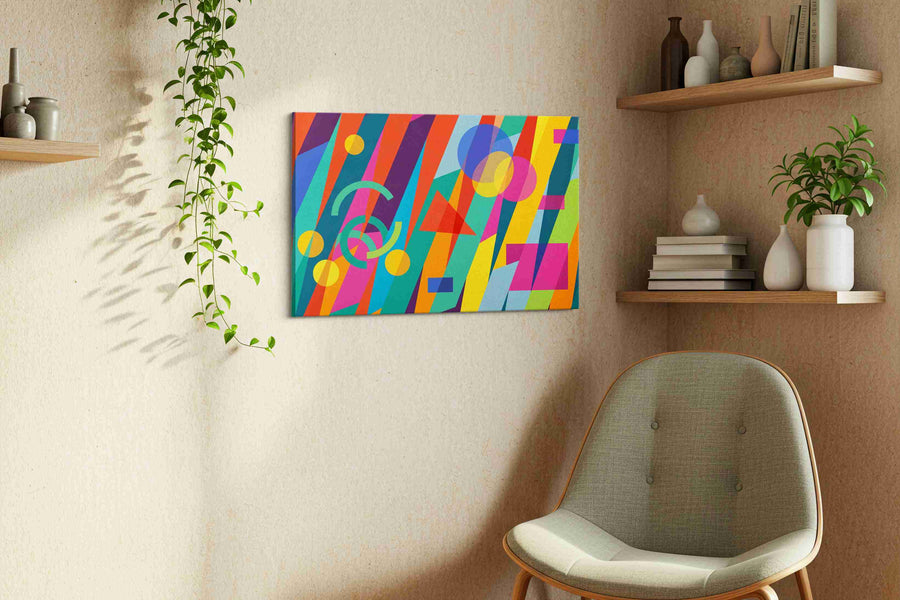 Neon Geometry Cascade modern canvas print, displayed in a living room