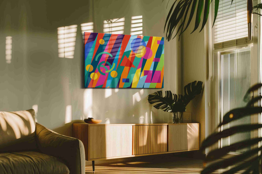 Neon Geometry Cascade modern canvas print in a contemporary interior mockup