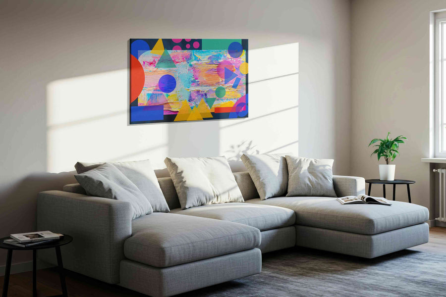Neon Geometry Reverie modern canvas print, displayed in a living room