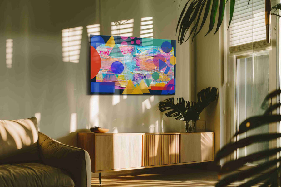 Neon Geometry Reverie modern canvas print in a contemporary interior mockup