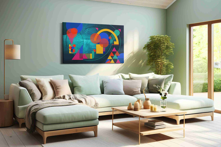 Neon Geometry Tides modern canvas print, hanging on wall