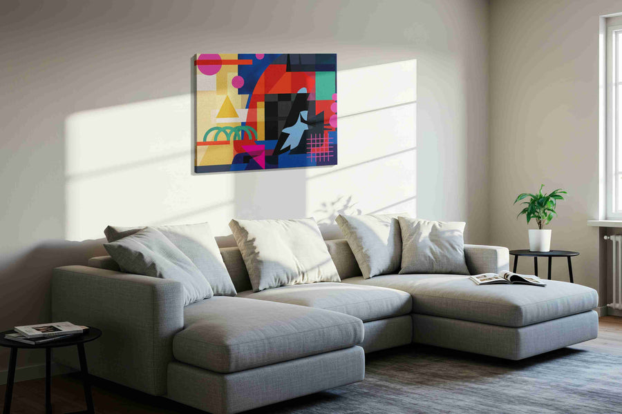 Neon Geometry at Dusk modern canvas print, displayed in a living room