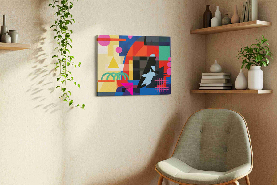 Neon Geometry at Dusk modern canvas print styled in a living room