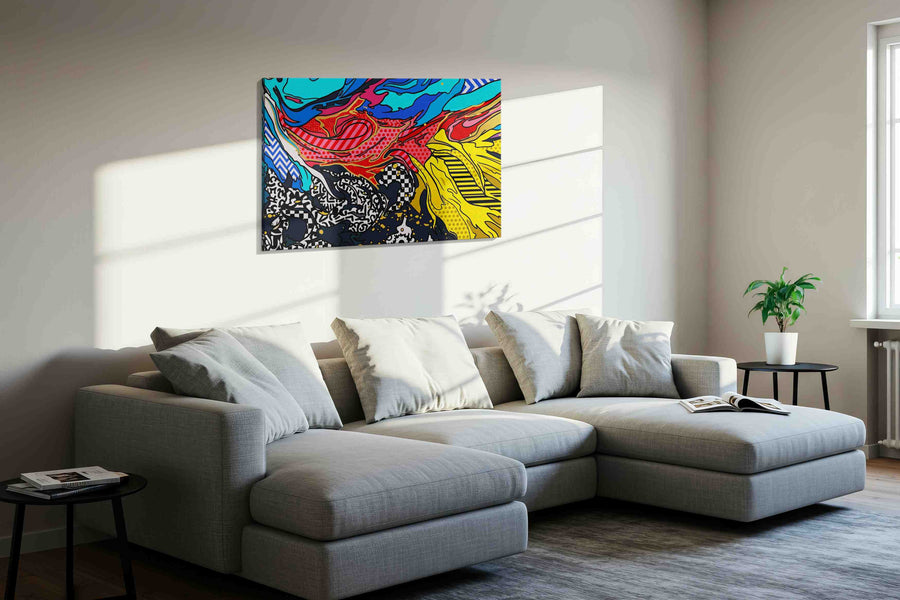 Neon Tectonic Bloom modern canvas print in a living room scene