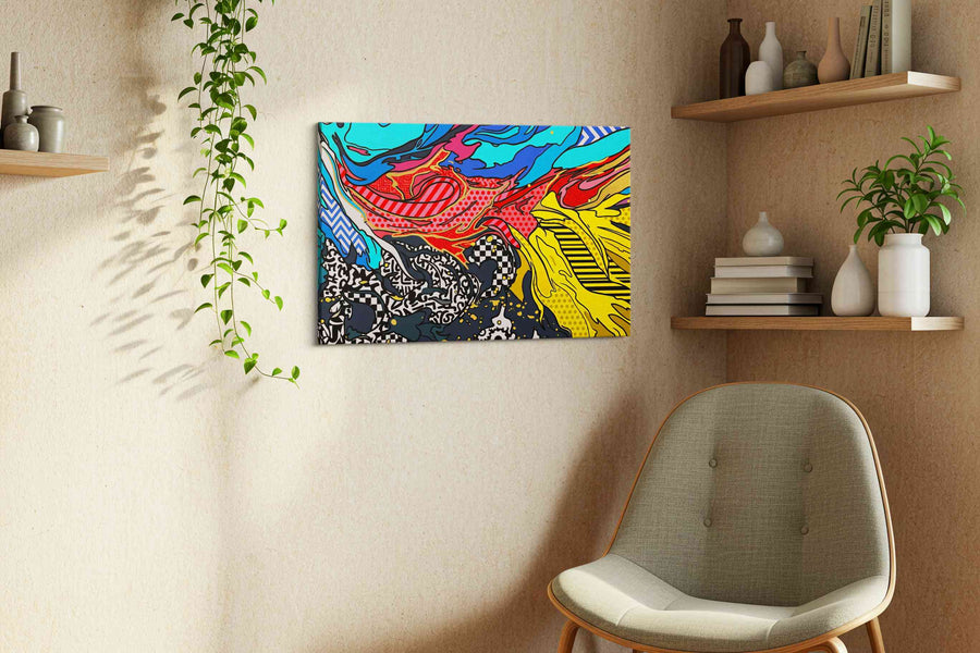 Neon Tectonic Bloom modern canvas print, displayed in a living room