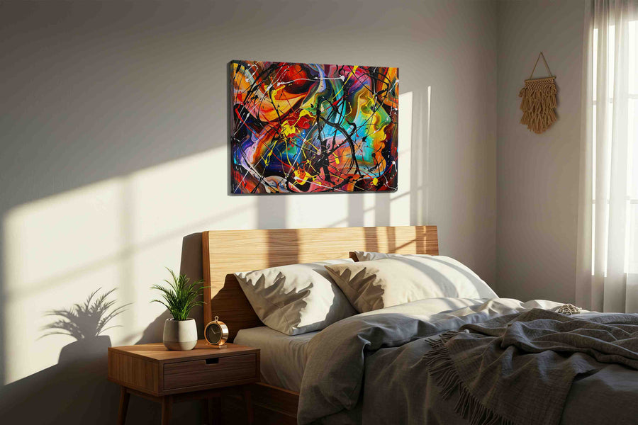 Prismatic Frenzy modern canvas print, displayed in a bedroom