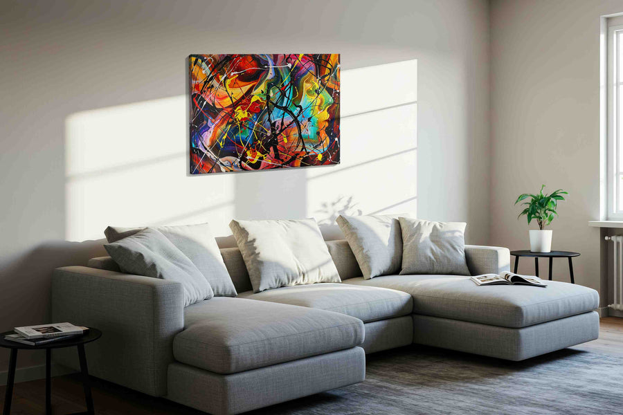 Prismatic Frenzy modern canvas print, displayed in a living room