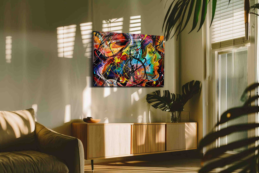 Prismatic Frenzy modern canvas print in a contemporary interior mockup