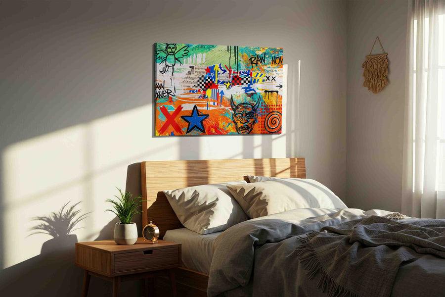 Run Now, Devil's Carnival modern canvas print, displayed in a bedroom