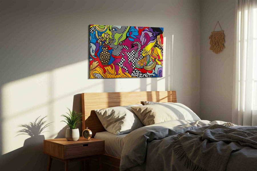Velvet Mirage Bazaar modern canvas print, displayed in a bedroom
