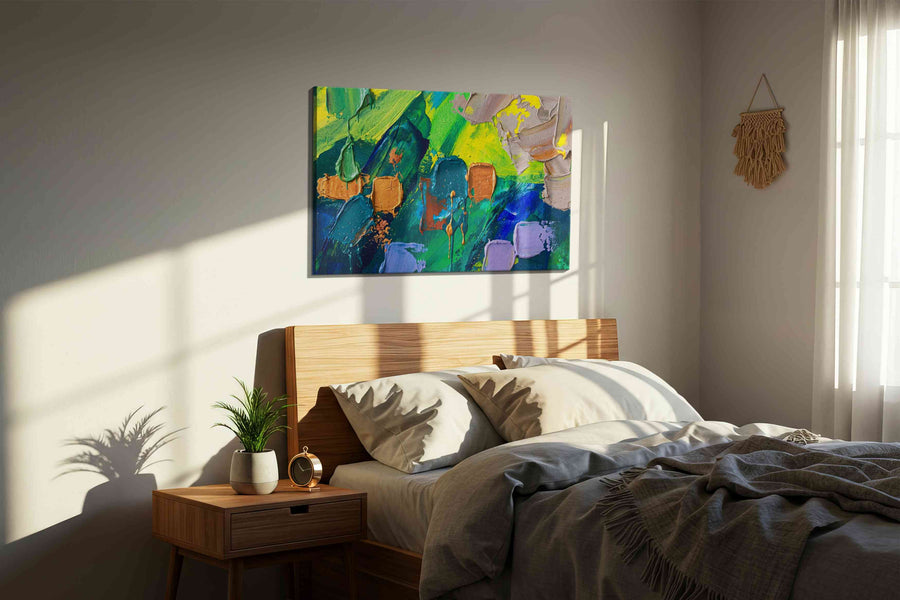 Verdigris Gold Reverie modern canvas print, displayed in a bedroom