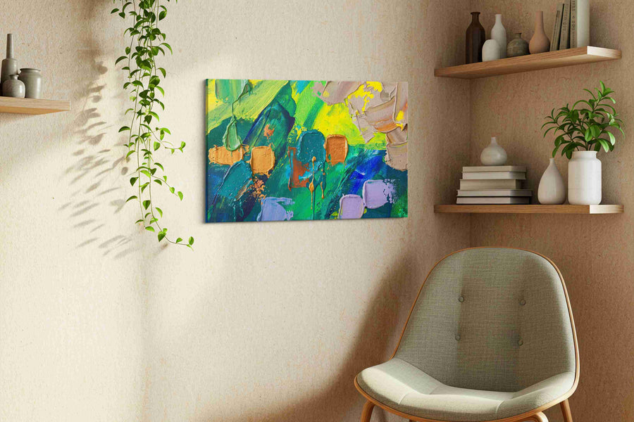 Verdigris Gold Reverie modern canvas print, displayed in a living room