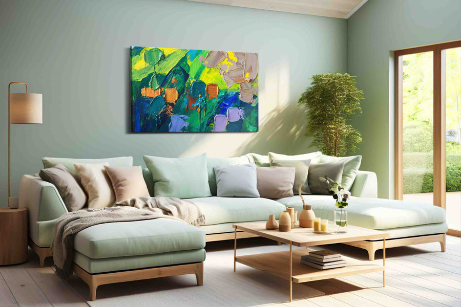 Verdigris Gold Reverie modern canvas print, hanging on wall