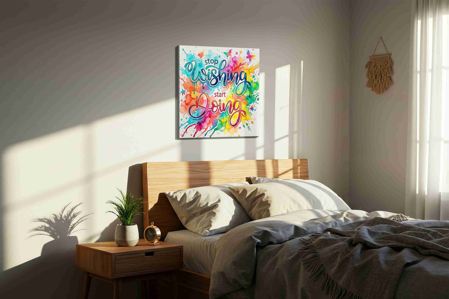 Begin in Brilliant Color motivational canvas print, displayed in a bedroom