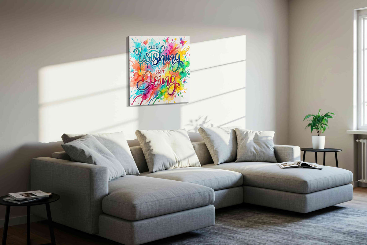 Begin in Brilliant Color motivational canvas print, displayed in a living room