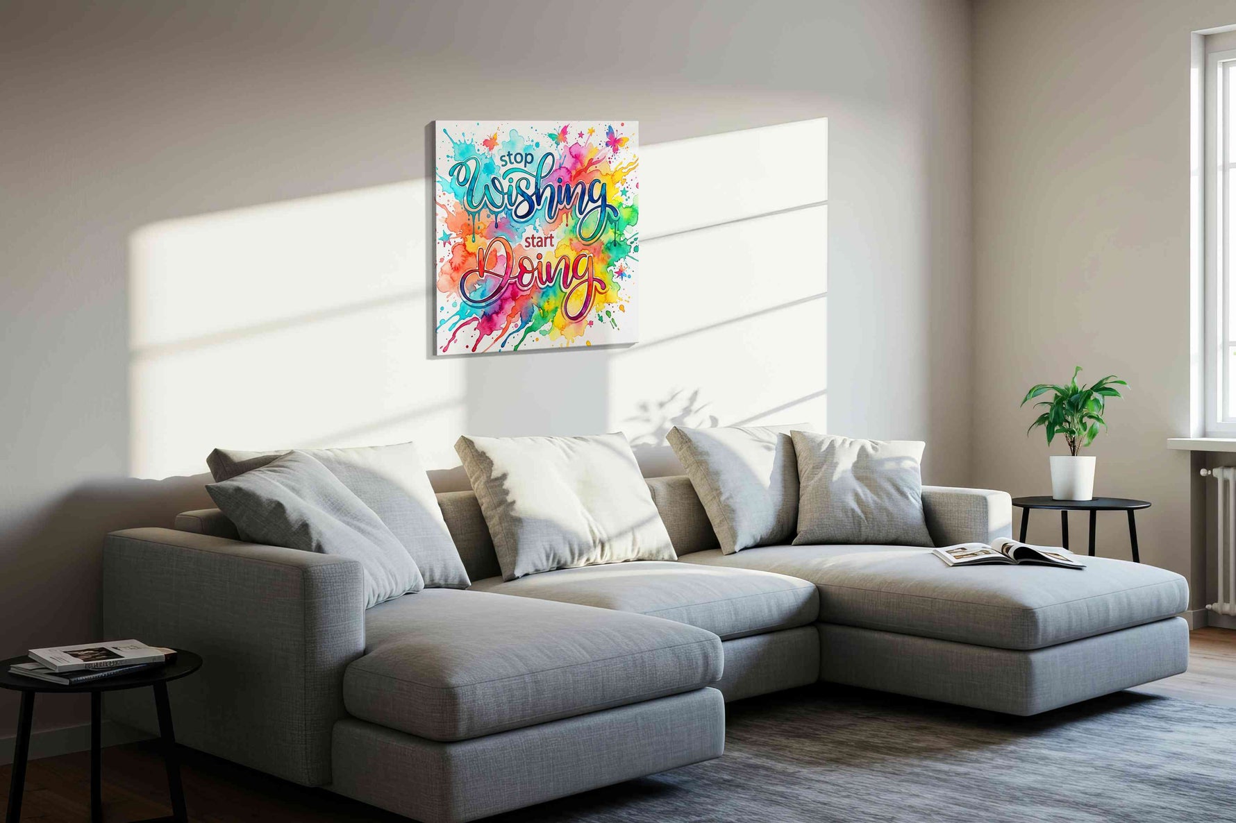 Begin in Brilliant Color motivational canvas print, displayed in a living room