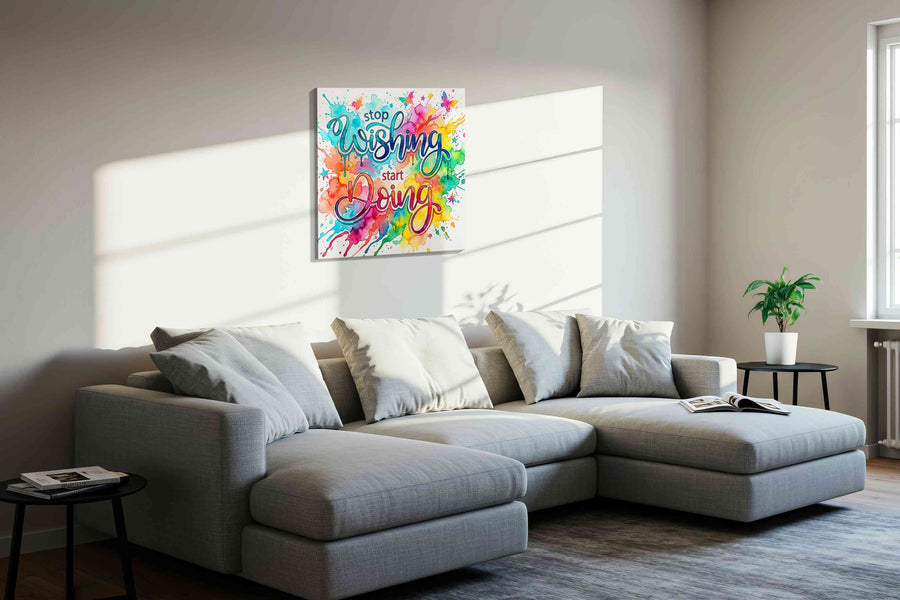 Begin in Brilliant Color motivational canvas print, displayed in a living room