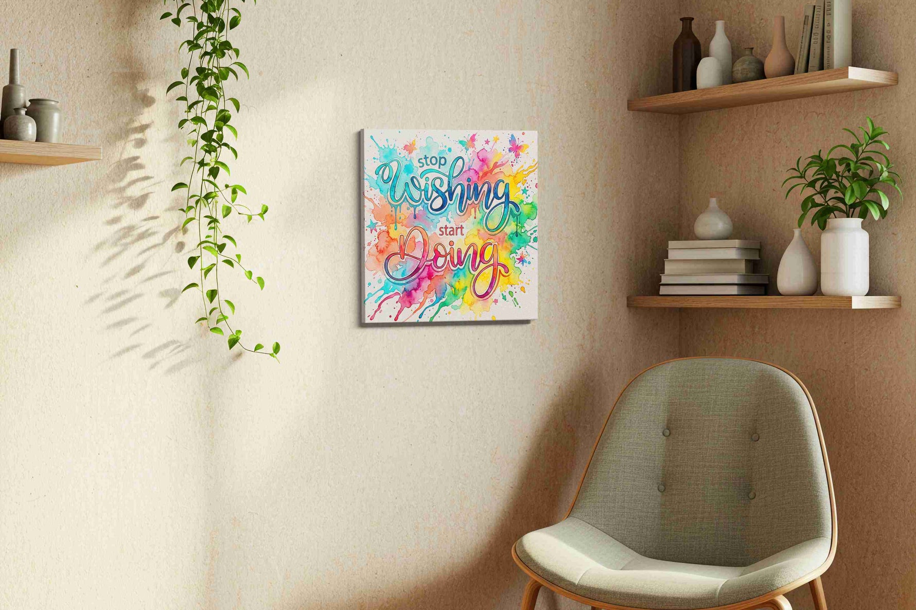 Begin in Brilliant Color motivational canvas print styled in a living room
