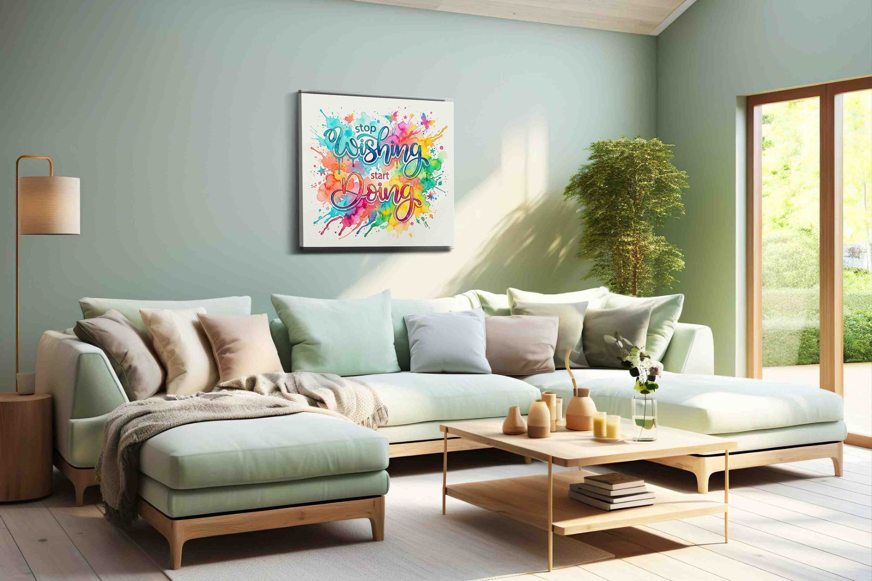 Begin in Brilliant Color motivational canvas print, hanging on wall