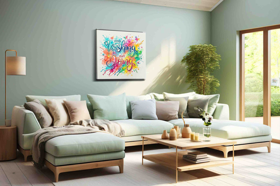 Begin in Brilliant Color motivational canvas print, hanging on wall