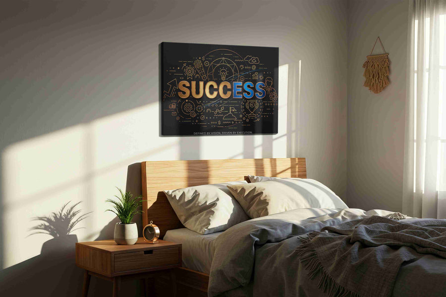 Blueprints of Triumph motivational canvas print, displayed in a bedroom