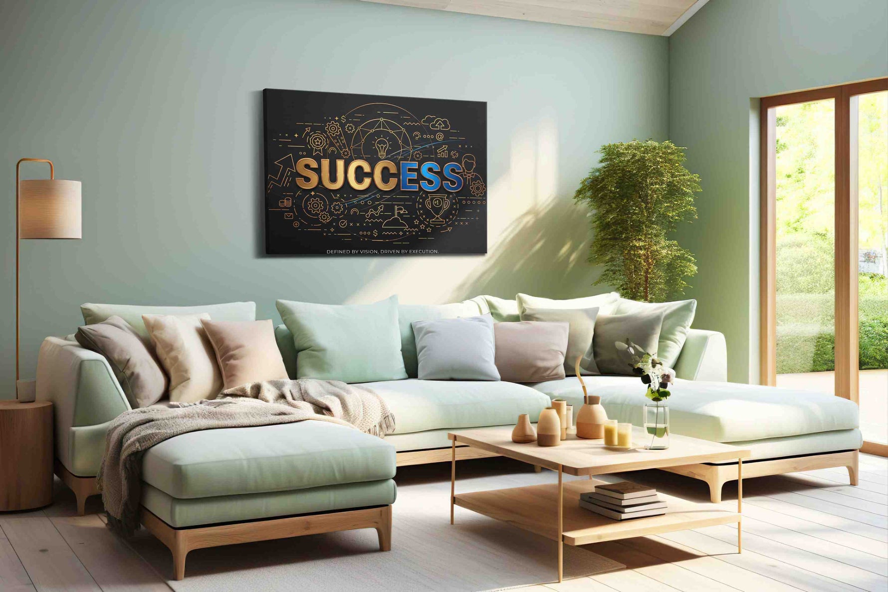 Blueprints of Triumph motivational canvas print, hanging on wall