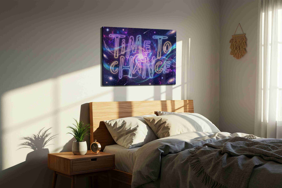 Celestial Time to Change motivational canvas print, displayed in a bedroom