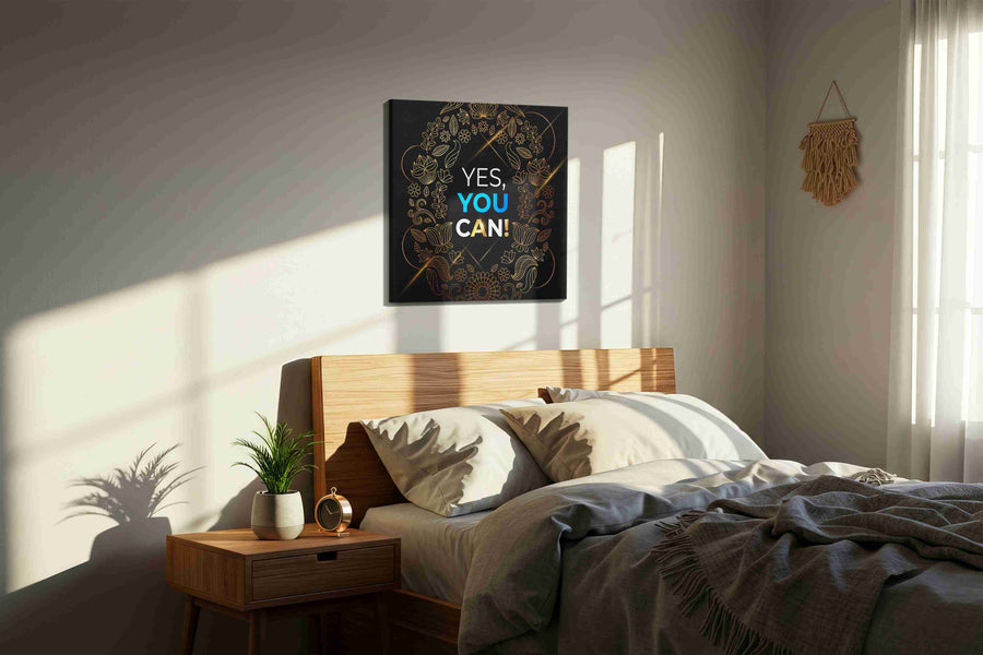 Golden Bloom of Affirmation motivational canvas print, displayed in a bedroom