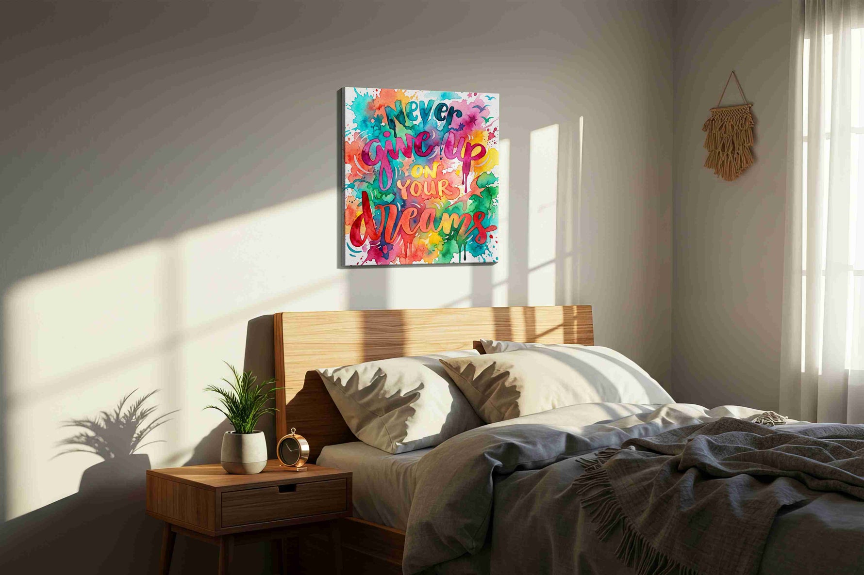 Never Give Up Dreamscape motivational canvas print, displayed in a bedroom