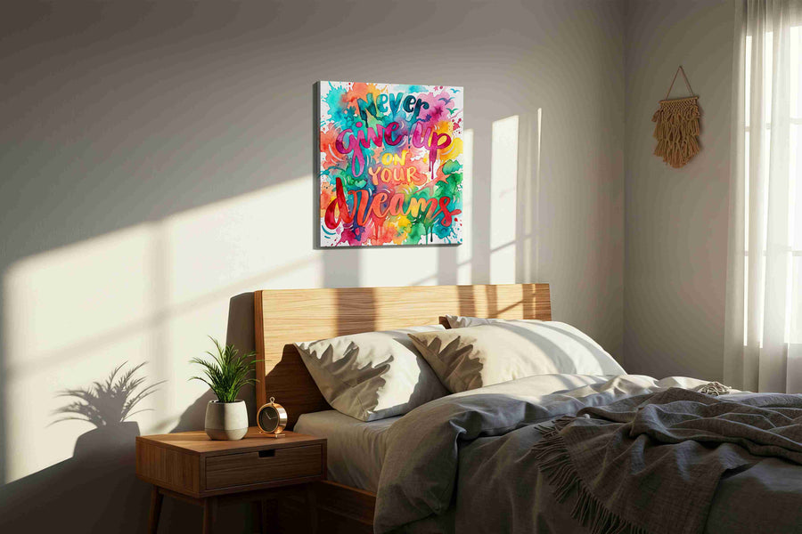 Never Give Up Dreamscape motivational canvas print, displayed in a bedroom