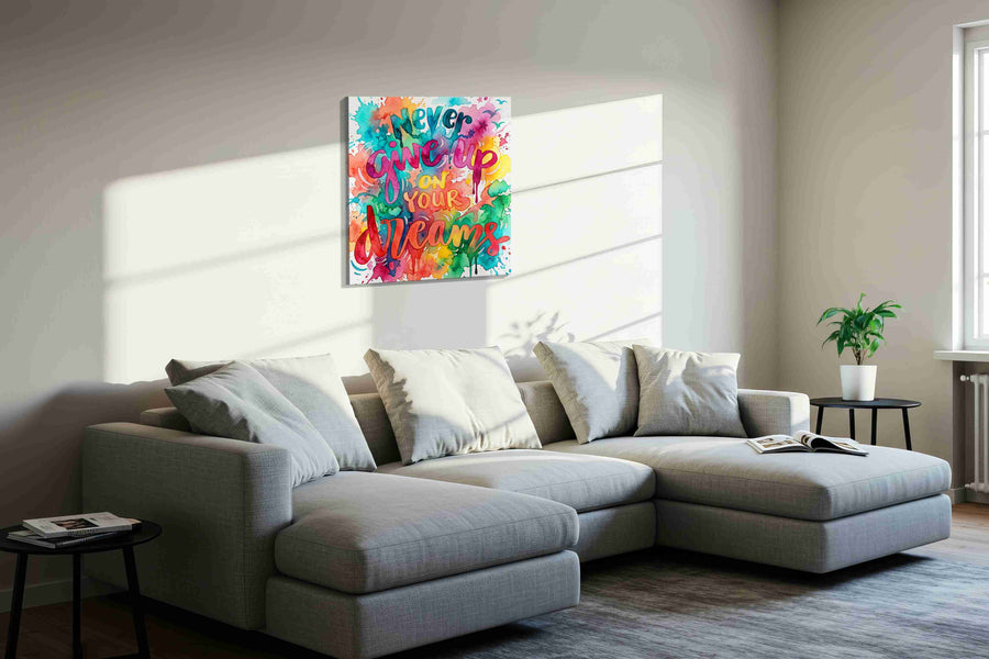 Never Give Up Dreamscape motivational canvas print in a living room scene
