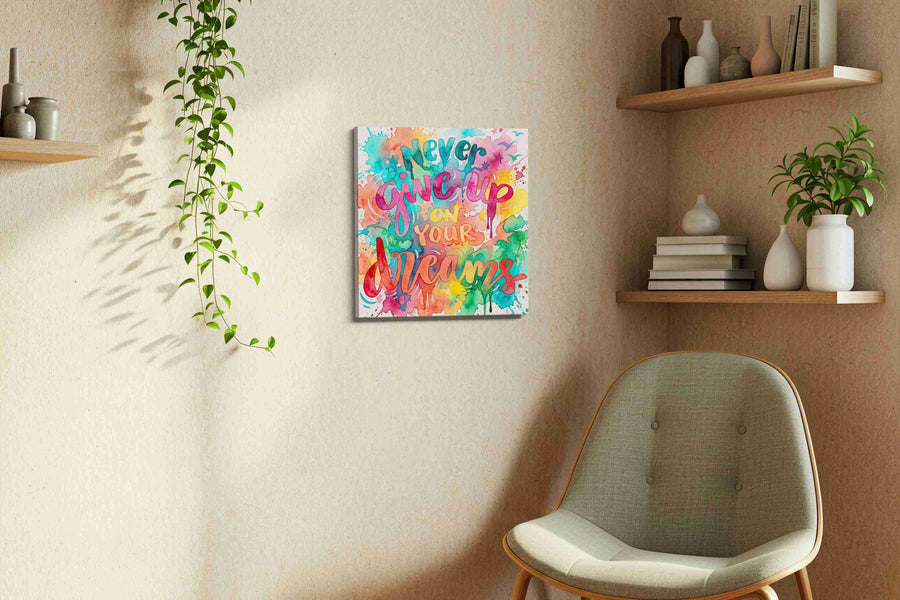 Never Give Up Dreamscape motivational canvas print, displayed in a living room