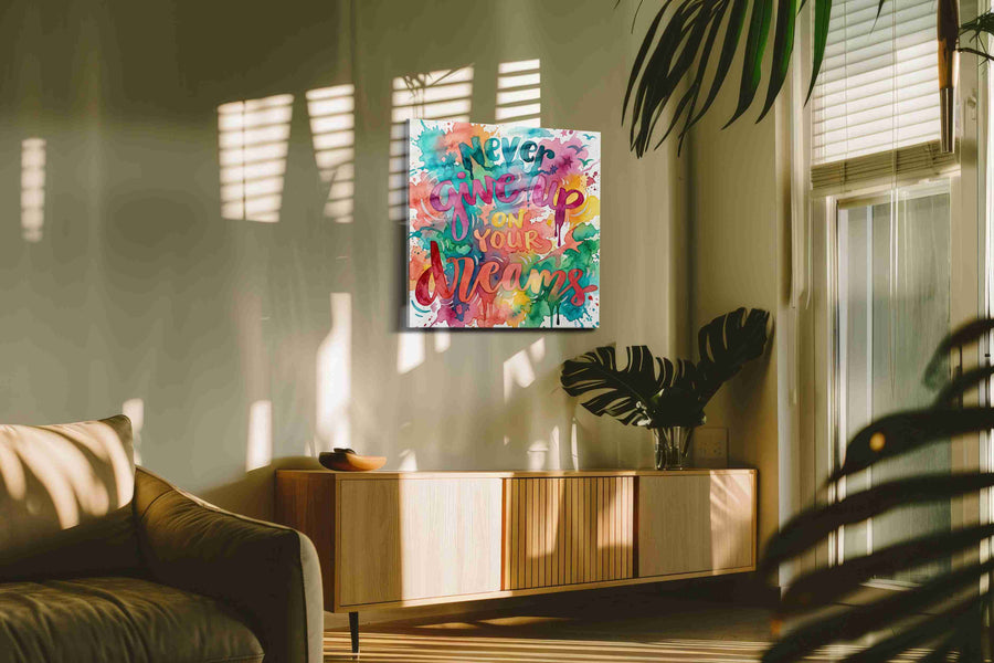 Never Give Up Dreamscape motivational canvas print, on wall, lifestyle preview