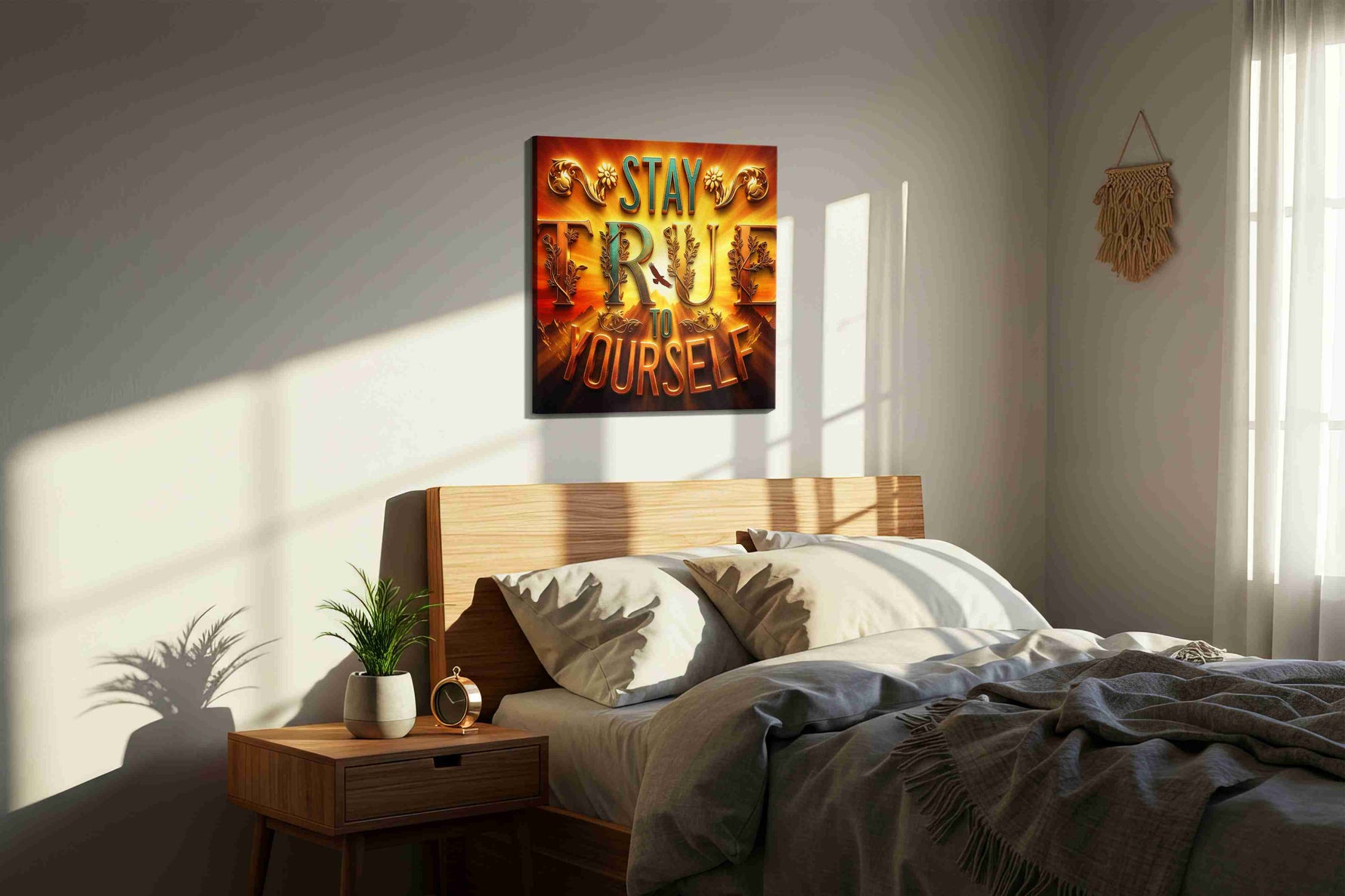 Radiant Truth Rising motivational canvas print, displayed in a bedroom
