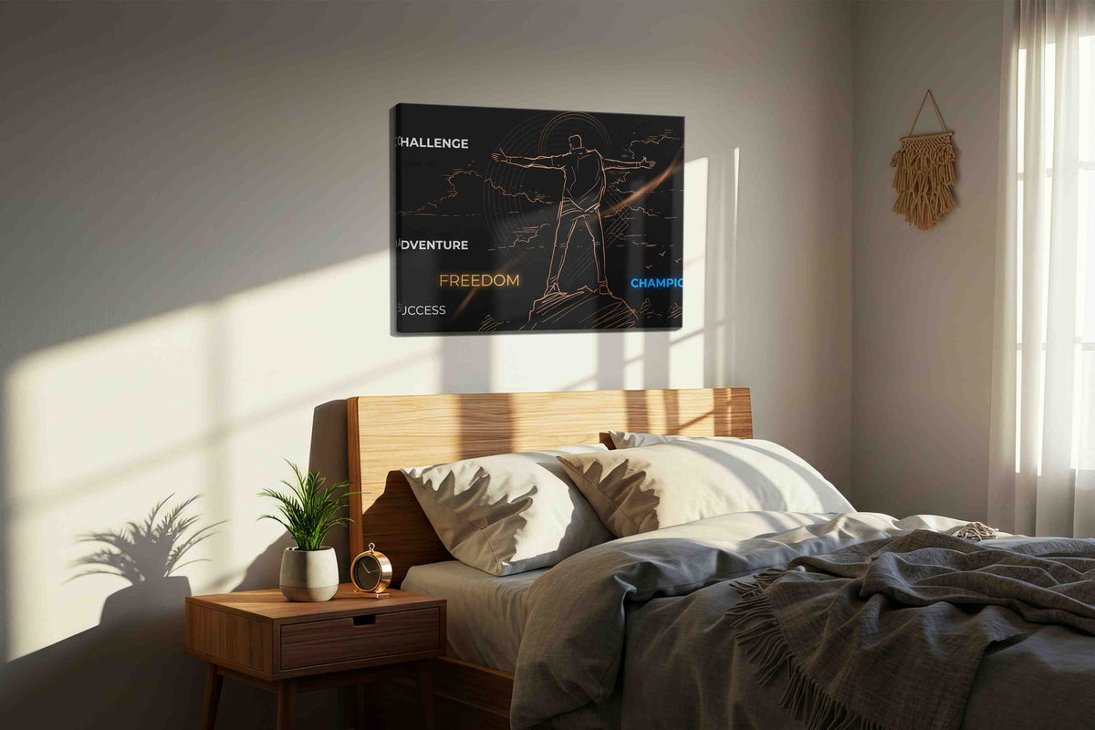 Summit of Unbound Light motivational canvas print, displayed in a bedroom