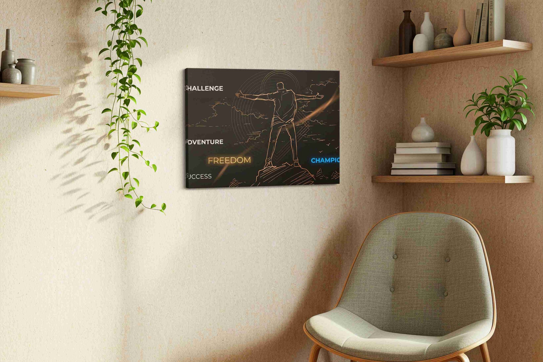 Summit of Unbound Light motivational canvas print styled in a living room