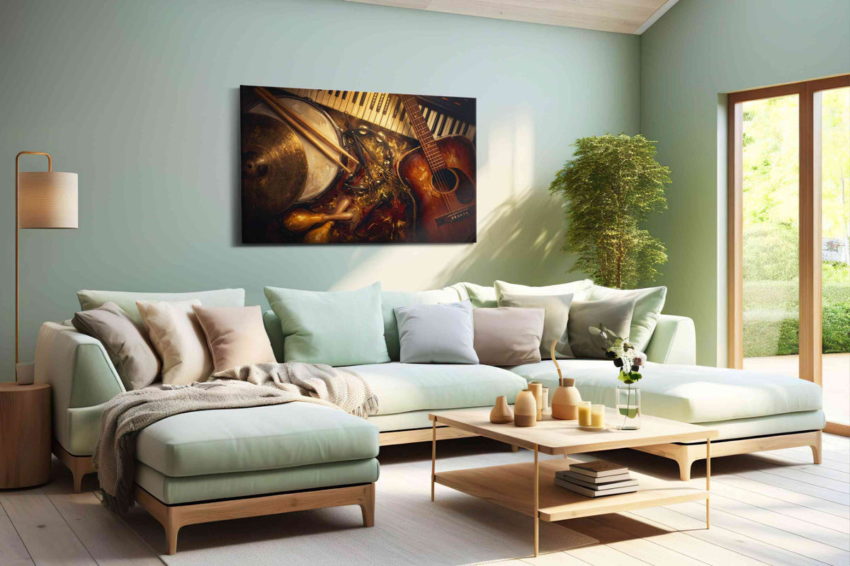 Gilded Rhythm Reverie music canvas print, hanging on wall