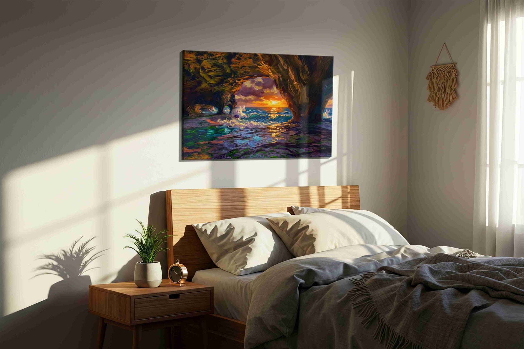 Ember Tide Grotto ocean canvas print, displayed in a bedroom