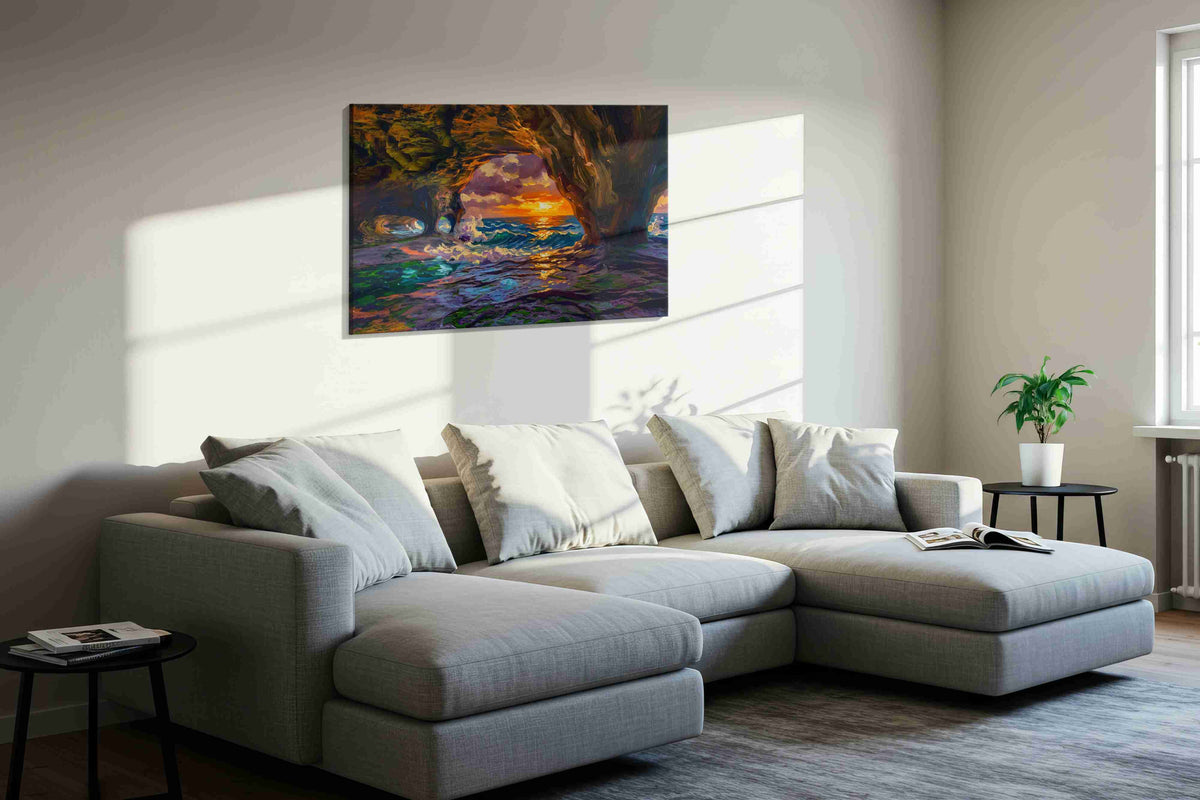 Ember Tide Grotto ocean canvas print in a living room scene