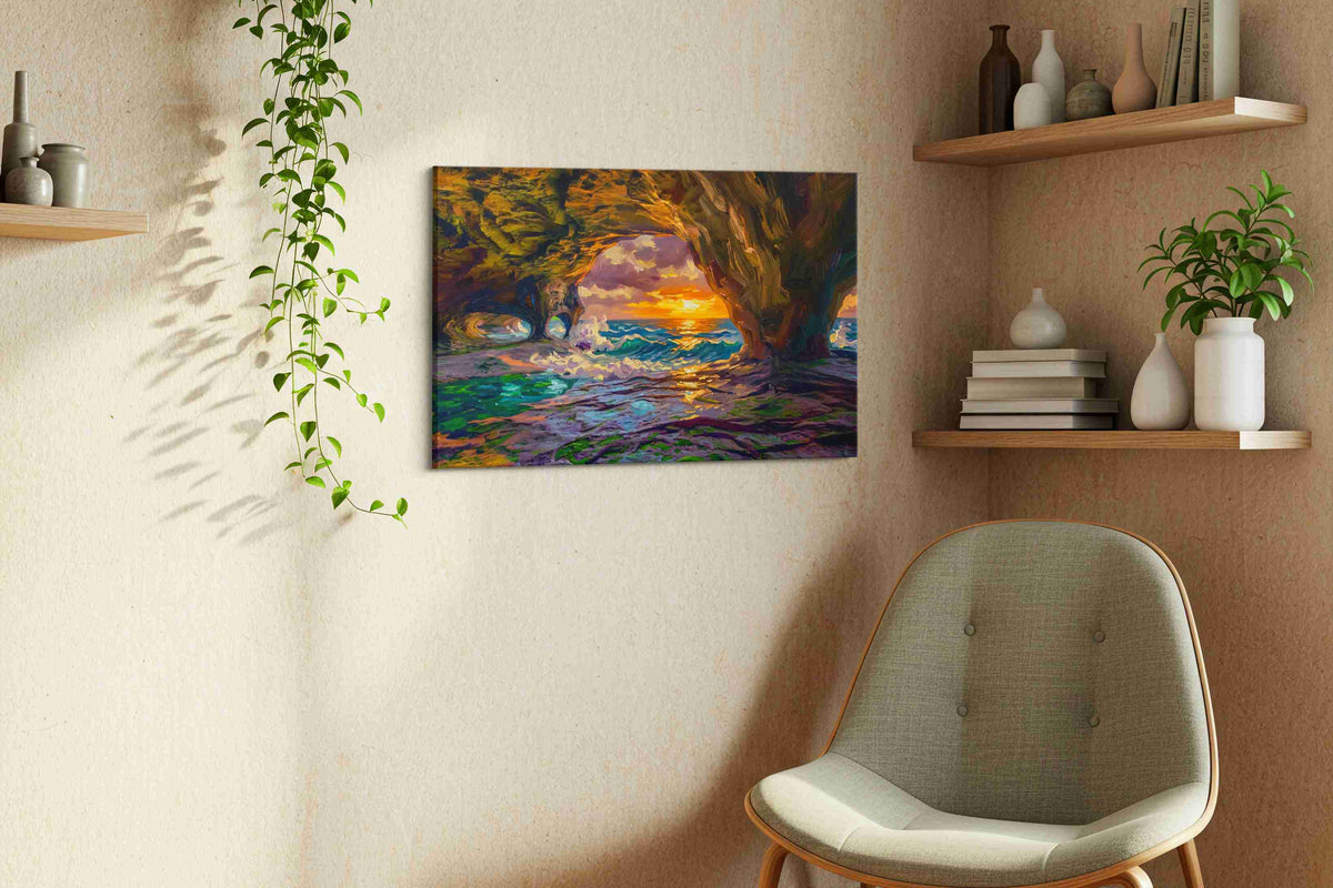 Ember Tide Grotto ocean canvas print, displayed in a living room