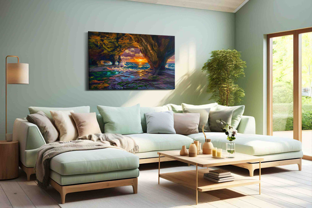 Ember Tide Grotto - Coastal Wall Art, Ocean Canvas Print, Beach House Decor