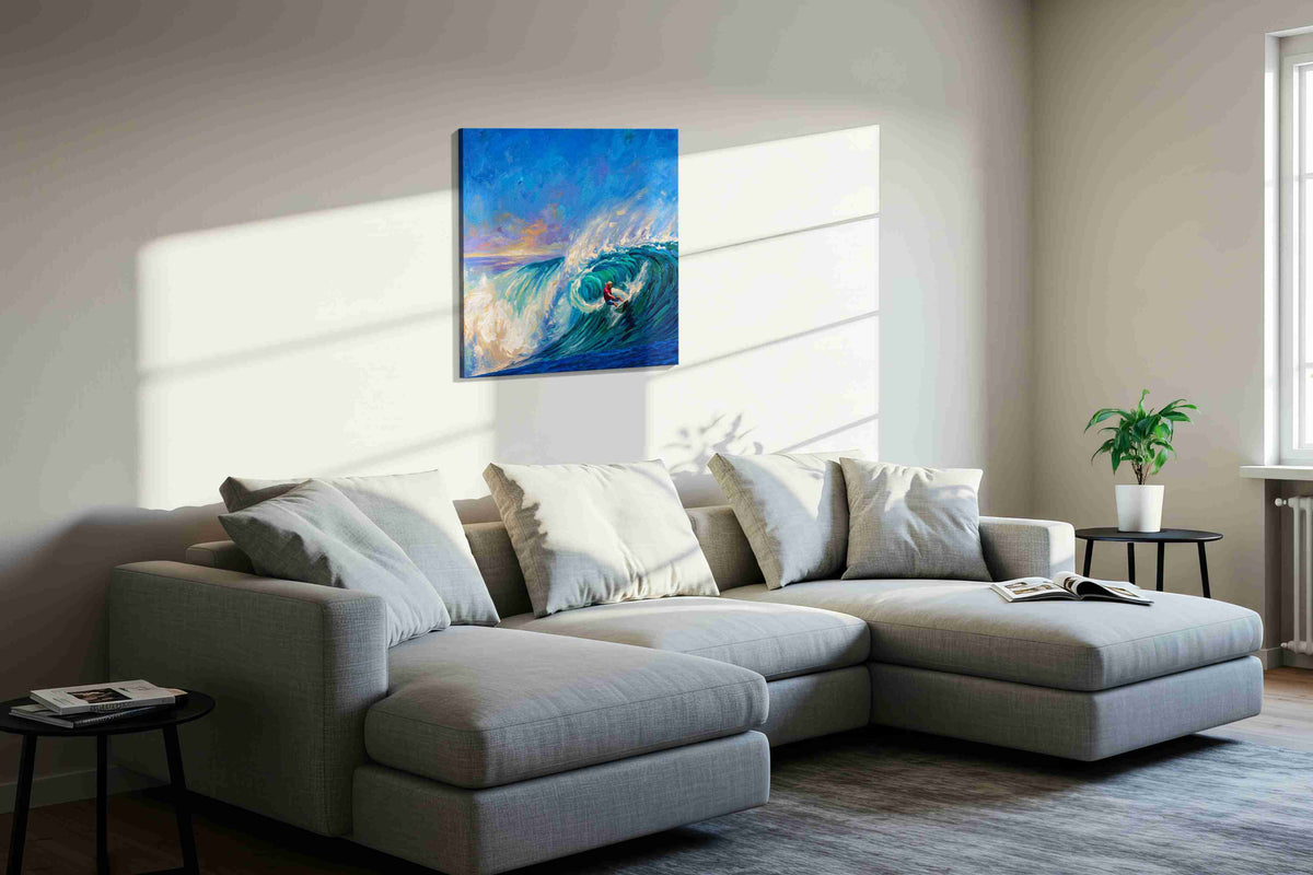 Inside the Azure Break ocean canvas print in a living room scene