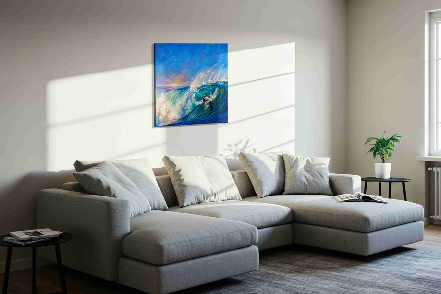 Inside the Azure Break ocean canvas print in a living room scene