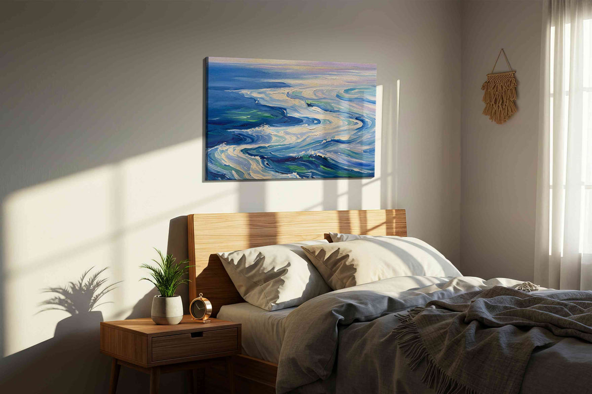 Opaline Tide Reverie II ocean canvas print, displayed in a bedroom